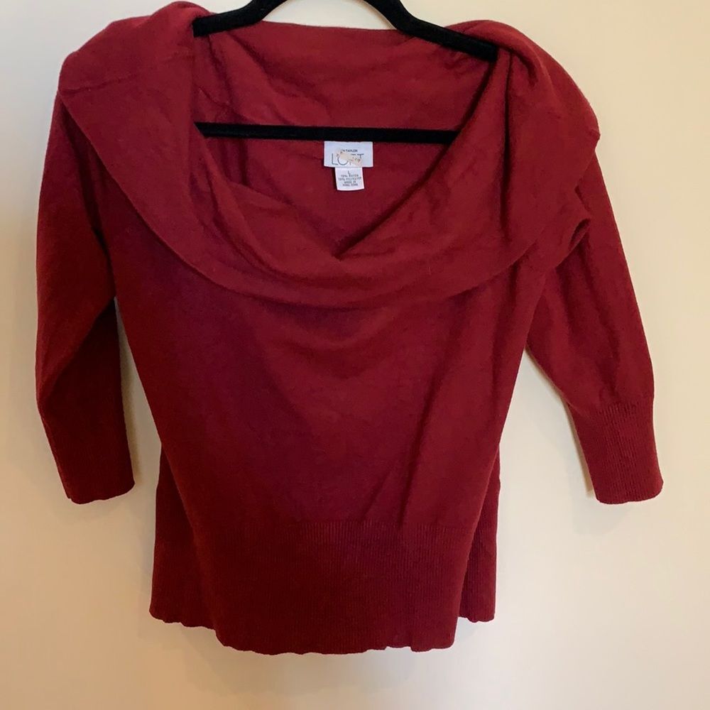 LOFT Ruby Red Off-Shoulder Cowl Neck Elbow Sleeve Top EUC